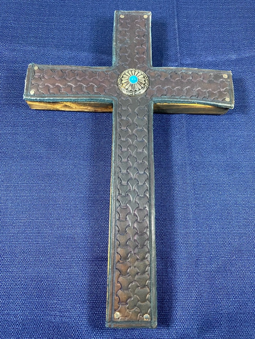 Leather-Accented Rustic Wall Cross with Turquoise Accent - Brown